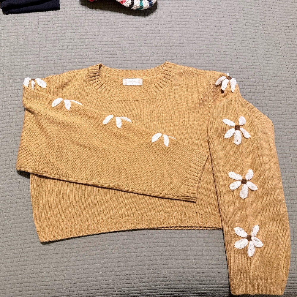 Altar'd State Cropped Sweater with Flower Detail on Sleeves - Size Medium